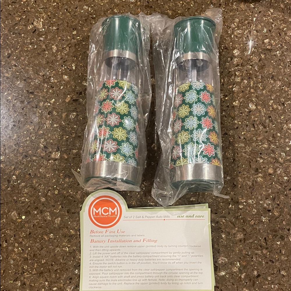 MCM Green and Silver Floral Set of Salt and Pepper Mills